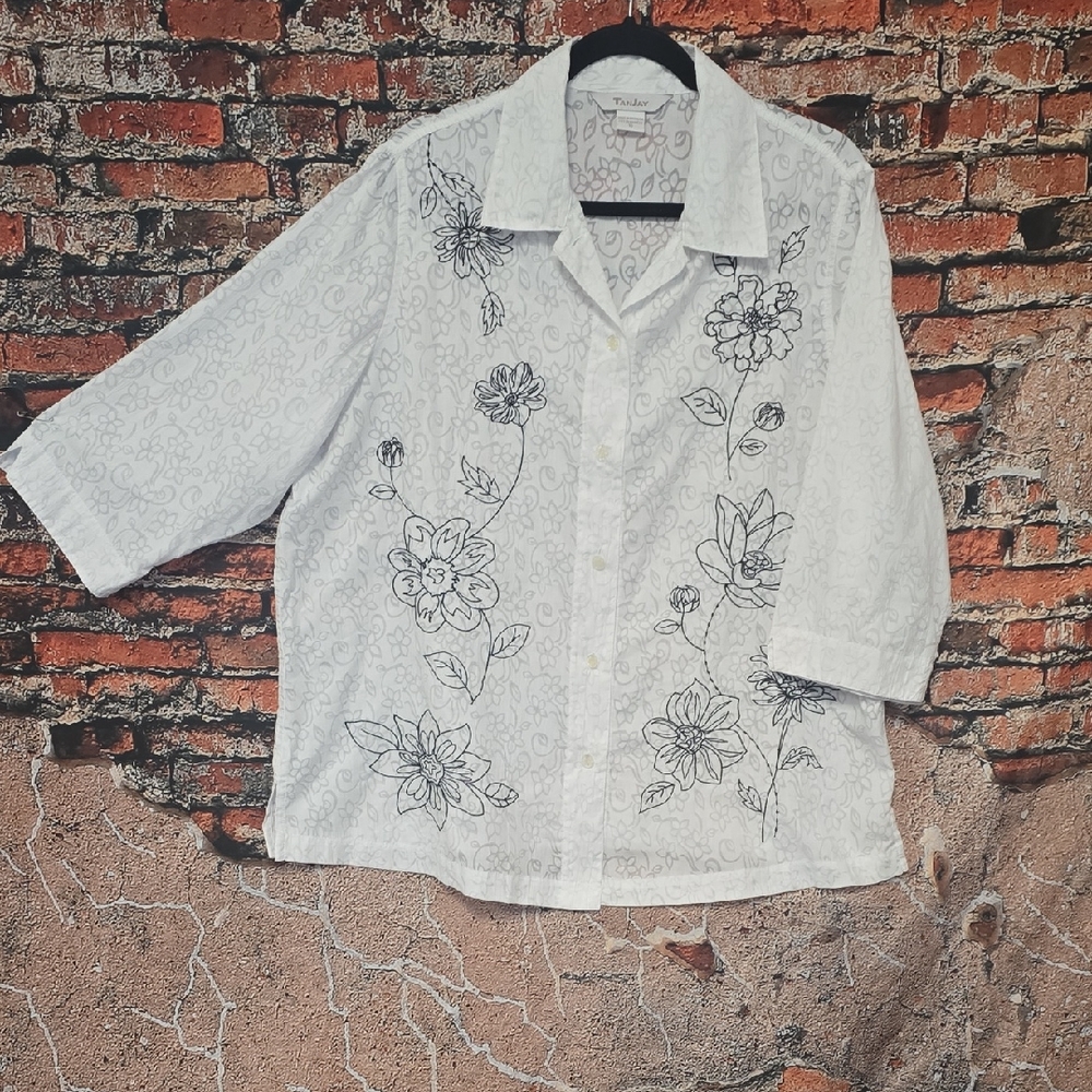 TanJay Blouse White With  Black Floral Stitched Design